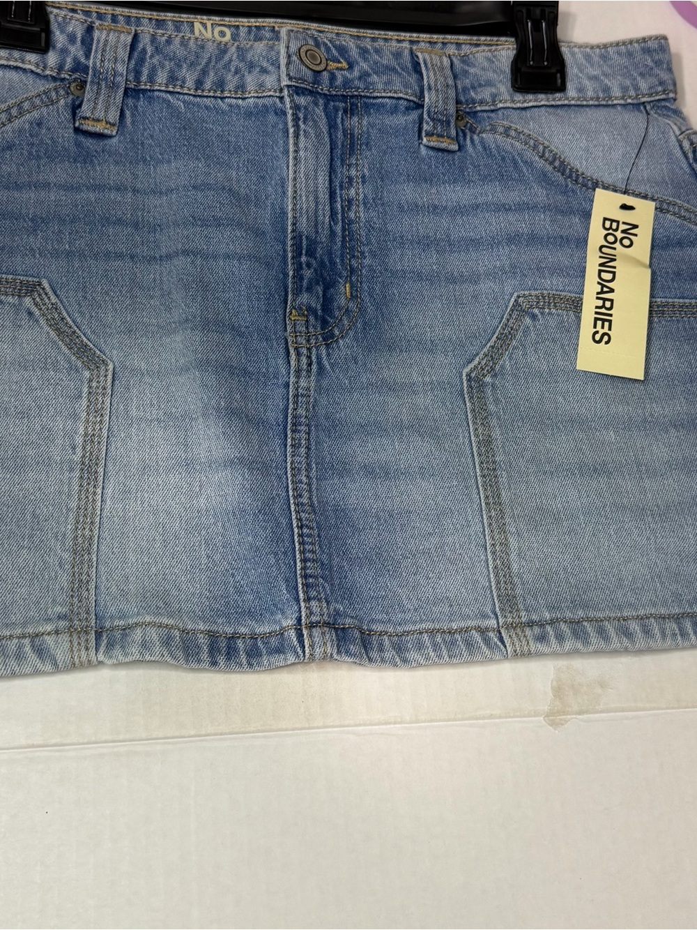 No Boundaries Light Blue Denim Mini Skirt with Front Panel Pockets